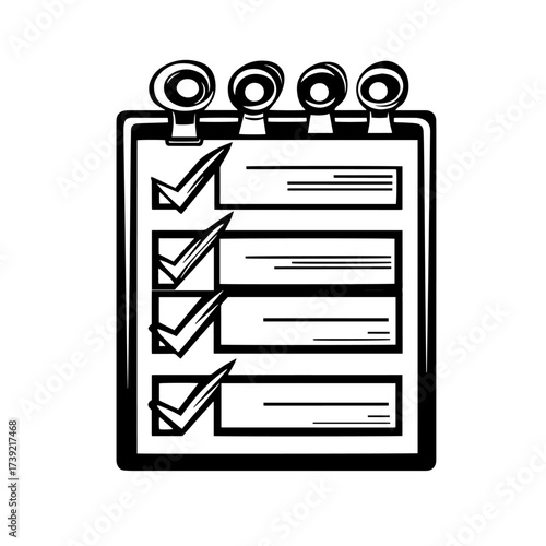 Checklist clipboard silhouette vector – paper task list with tick marks and binder rings, productivity planning icon