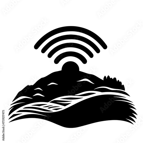 Wi‑Fi hotspot landscape silhouette vector – wireless signal waves over mountain hill, remote connectivity icon