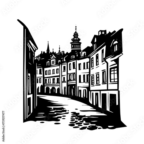 Historic European old town street silhouette vector – narrow cobblestone alley with baroque tower and tenement facades, travel cityscape illustration