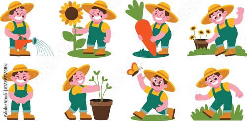 Cheerful Young Farmer Cultivating Crops in Garden Patch, Growing Vegetables and Flowers, Agriculture Concept for Children's Illustration, Cartoon Style, Colorful Design, Gardening, Harvesting, Plantin