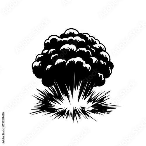 Explosion blast silhouette vector – dramatic mushroom cloud burst with shockwave and debris, powerful boom action effect icon