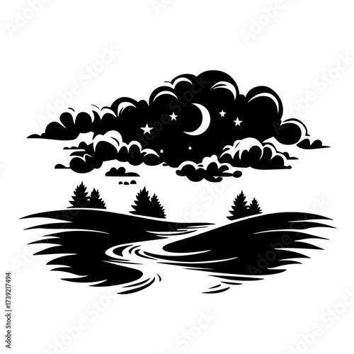 Night sky landscape silhouette vector – crescent moon, stars and drifting clouds over winding river with pine trees, dreamy nocturnal nature scene illustration
