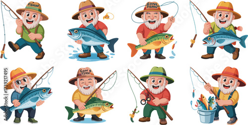 Cartoon Fisherman Collection Catching Fish - Happy Elderly Character in Various Poses Fishing with Rod, Reel & Bucket - Leisure Hobby Adventure Graphic Art for Children's Illustration or Comic Book De