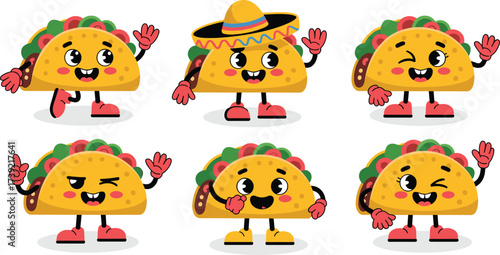 Funny Taco Characters Waving Hello on White Backdrop: Cute Mexican Food Mascot Cartoon Set for Restaurant Menu, Culinary Illustration, Graphic Design, Advertising, Party Invitations, Cinco de Mayo Cel