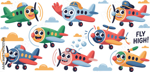 Cute Cartoon Airplanes Flying High in a Whimsical Sky: Children's Illustration of Smiling Aircrafts for Education, Aviation, and Transportation Projects, Playful Design, Graphic Arts, Modern Vector St