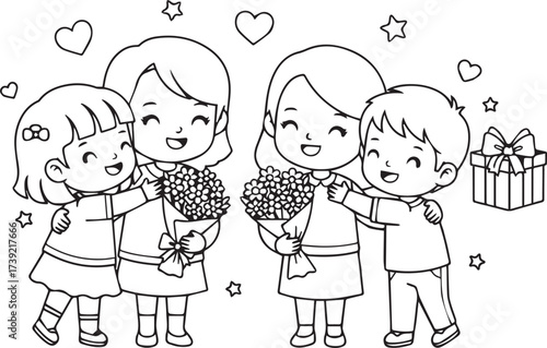 Cartoon kindness scene with people giving gifts and hugs outline illustration for coloring page. World Kindness Day