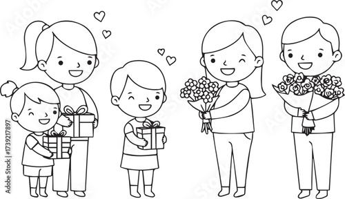 Cartoon kindness scene with people giving gifts and hugs outline illustration for coloring page. World Kindness Day