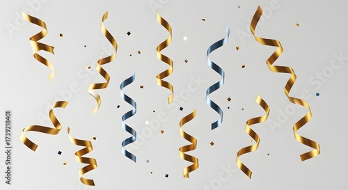 Falling golden and silver spiral confetti streamers and glitter. Festive celebration background for party, event, or holiday design.