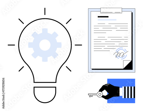 Light bulb with gear, signed contract document, hand holding key. Ideal for intellectual property, innovation, agreements, business solutions, decision-making, strategy simple flat metaphor