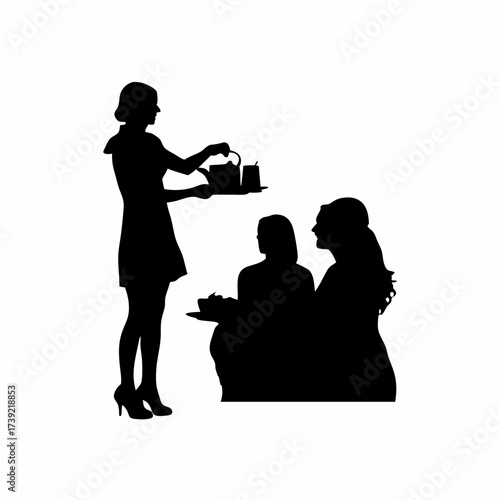 Silhouette of a woman serving tea to guests isolated on white background