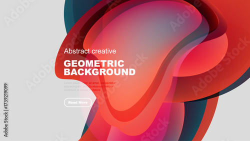Abstract geometric background features flowing red, blue shapes. Text includes geometric background, plus sample lorem ipsum text, button.
