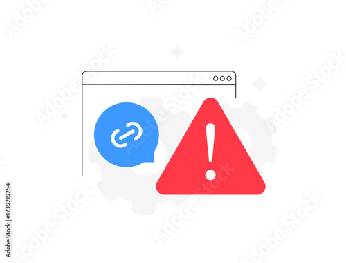 Phishing warning icon alert. Browser chat with suspicious sync link and red warning triangle, signaling scam risks in digital messaging and online fraud prevention. Scam alert vector illustration