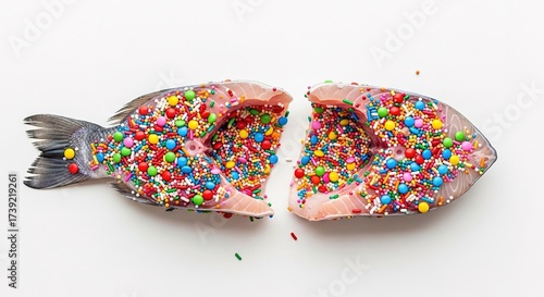 Surreal Fish Filled with Colorful Candies, Cut in Half on White.