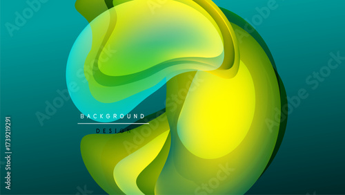 Abstract fluid shapes, vibrant greens, yellows blend. Dark background emphasizes flowing design, modern aesthetic. Smooth gradients create depth.