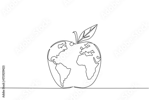 Single one line drawing globe made like an apple with leaves. The good vitamin content of an apple. Not everyone can eat it. Problem. World Hunger Day. Continuous line design graphic illustration