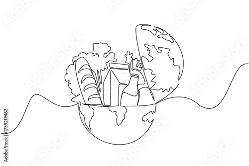 Single one line drawing half round globe with open top with French bread, glass bottle of milk, vegetables. Lack of nutritional equity. World Hunger Day. Continuous line design graphic illustration