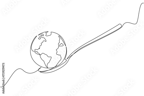Continuous one line drawing a spoon with a globe on the end. Supporting the formation of a more serious world food agency. Rise awareness. World Hunger Day. Single line draw design vector illustration