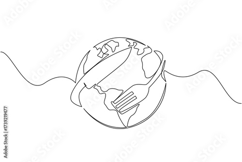 Single continuous line drawing globe surrounded by forks and knives. Symbol of lack of food that is not suitable for consumption. Lack of protein. World Hunger Day. One line design vector illustration