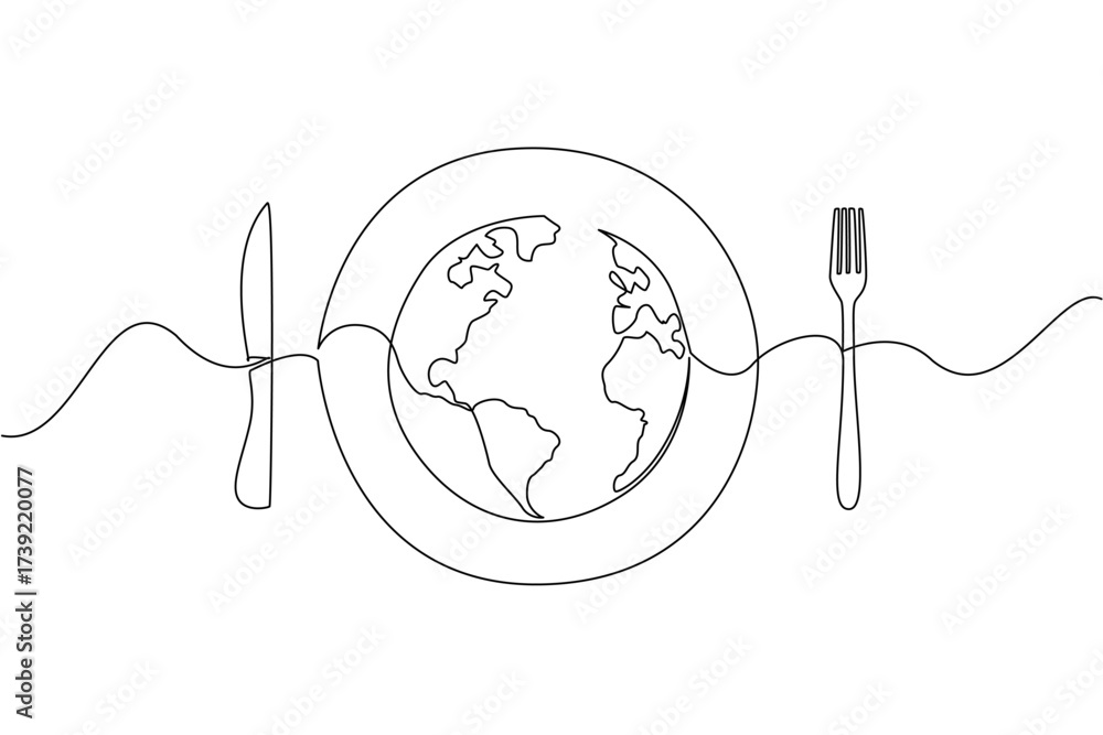 Obraz premium Single continuous line drawing a plate with a globe in the middle with knife and fork on the right and left. Annual problem that keeps happening. World Hunger Day. One line design vector illustration