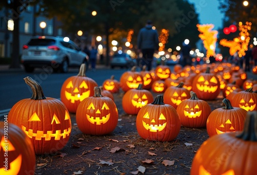 Rows of carved jack-o’-lanterns glowing at night during PumpkinFest
