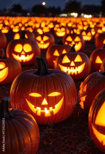 Rows of carved jack-o’-lanterns glowing at night during PumpkinFest