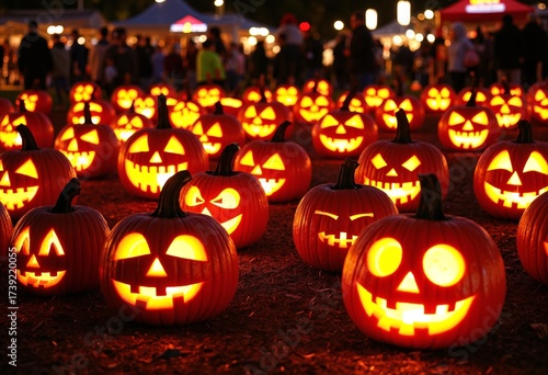 Rows of carved jack-o’-lanterns glowing at night during PumpkinFest