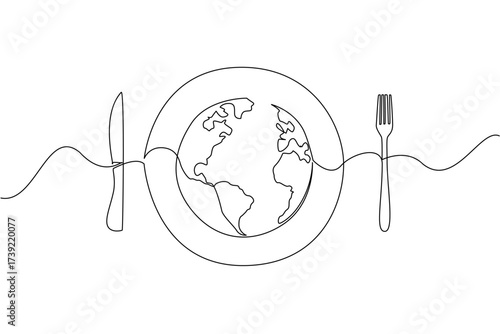 Single continuous line drawing a plate with a globe in the middle with knife and fork on the right and left. Annual problem that keeps happening. World Hunger Day. One line design vector illustration