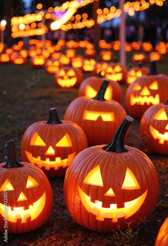 Rows of carved jack-o’-lanterns glowing at night during PumpkinFest