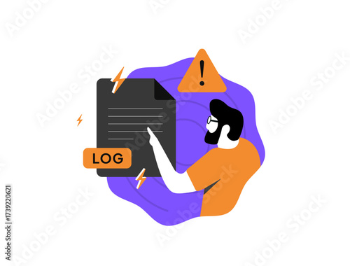 Error log vector illustration depicts developer reviewing system alert icon for troubleshooting, featuring warning triangle and lightning crash symbols in IT support graphics. Vector illustration