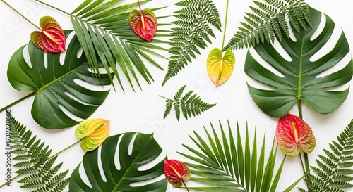 Tropical Leaves and Anthurium Flowers Flat Lay Background.