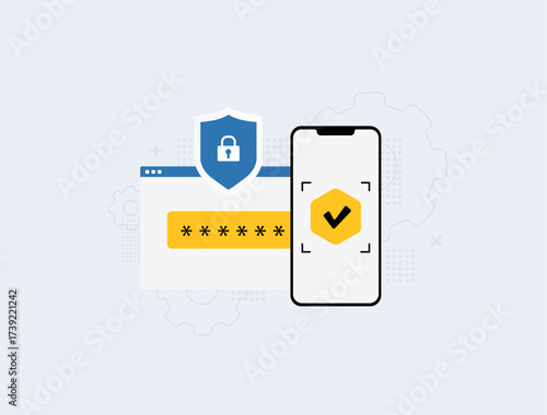 Multi-factor authentication security with two-factor login and 2fa verification code ensures safe account access, identity protection and digital data privacy in online platforms vector illustration