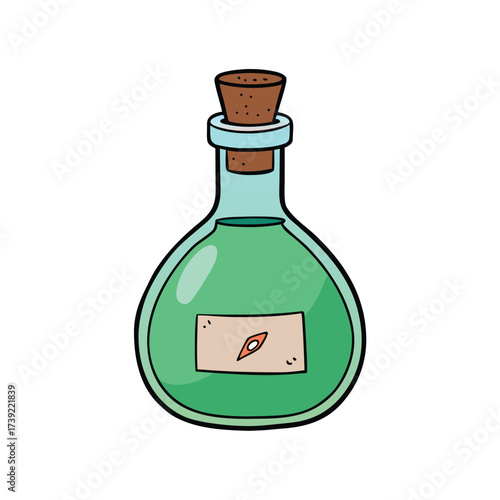 Green liquid potion bottle with cork and compass label