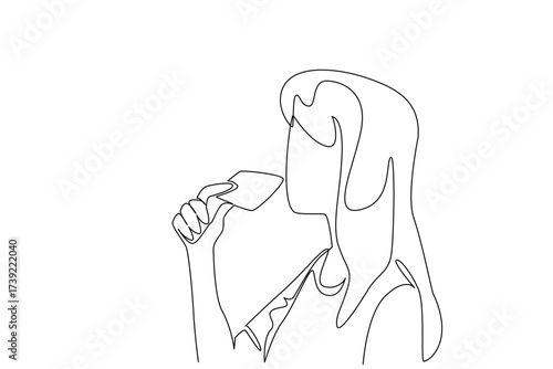Continuous one line drawing a woman eating biscuits. A quick and solid breakfast. Stall the hunger with some biscuits. Sweet. Snack. National Biscuit Day. Single line draw design vector illustration