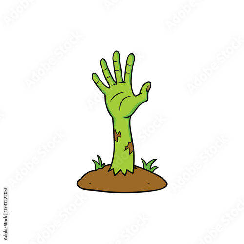 Green zombie hand emerging from brown earth with grass