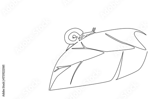 Continuous one line drawing snail walking beside leaf. Perch on the leaves at once to crush them completely. Trying to adapt. Habitat. National Snail Day. Single line draw design vector illustration