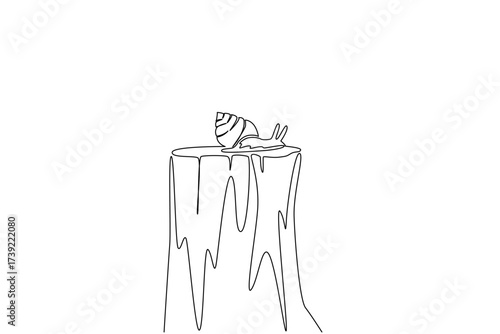 Single one line drawing the snail walking on a cut tree trunk. Surviving massive illegal logging. Losing habitat. Adapting to moving. National Snail Day. Continuous line design graphic illustration