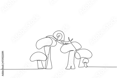 Single continuous line drawing snails walking and crossing on mushroom stems. Crawling animal with coiled shell. Devouring mushrooms slowly. National Snail Day. One line design vector illustration