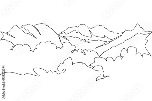 Single one line drawing Himalayan mountain range. A route full of obstacles and the threat of snow storms to reach the peak. Summit. Mount Everest Day. Continuous line design graphic illustration