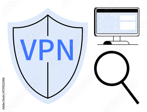 Shield with VPN text symbolizing protection, monitor showing data windows, magnifying glass highlighting focus and internet privacy. Ideal for cybersecurity, privacy, technology, internet safety