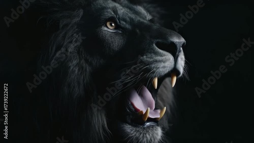 A majestic black lion roaring in darkness, symbolizing power, courage, and dominance with an intense dramatic atmosphere.