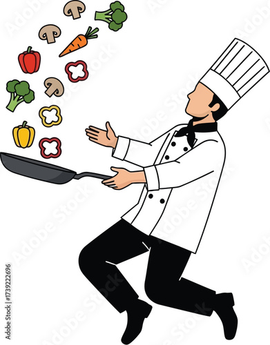 Chef tossing vegetables in a frying pan professional cook preparing healthy food with skill and style
