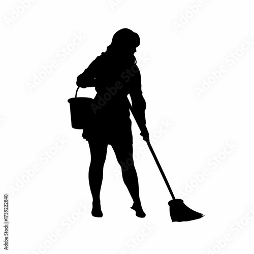 Silhouette of a woman sweeping a kitchen floor isolated on white background