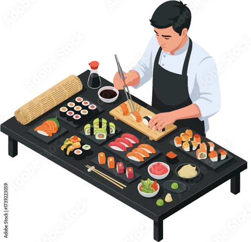 A sushi chef is preparing sushi on a table and he is using chopsticks to place the sushi on a plate