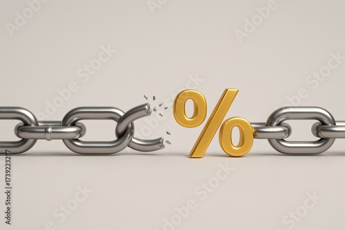 Metal chain with broken link containing golden percentage representing breaking free from price constraints and discount offers. Symbolizes freedom savings liberation sales events.