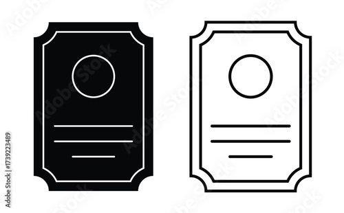 Vertical document vector icon, ornamental certificate, ticket, or ID card in black and outline