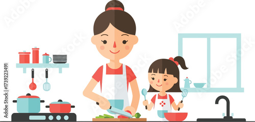Illustration of a mother and daughter cooking together in the kitchen, family bonding and healthy eating concept