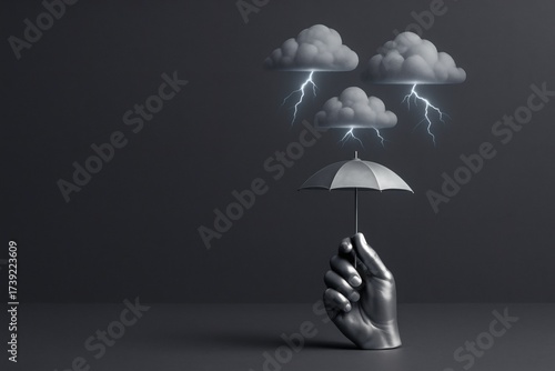 Metal Hand Holding Umbrella Protecting From Storm Clouds Crisis Management Concept
