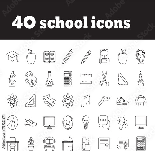 "Set of 40 Flat Vector School Icons - Education and Classroom Supplies"