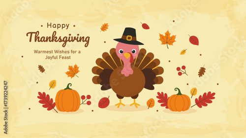 Colorful Thanksgiving illustration with turkey, pumpkins, fall leaves, and holiday greeting text. Perfect for seasonal cards, banners, and celebration designs.