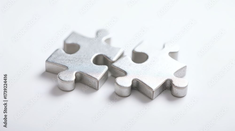 Obraz premium Close-up of two metallic silver puzzle pieces isolated on a light background. Represents connection, solution, teamwork, partnership, completion, integration, and corporate unity..